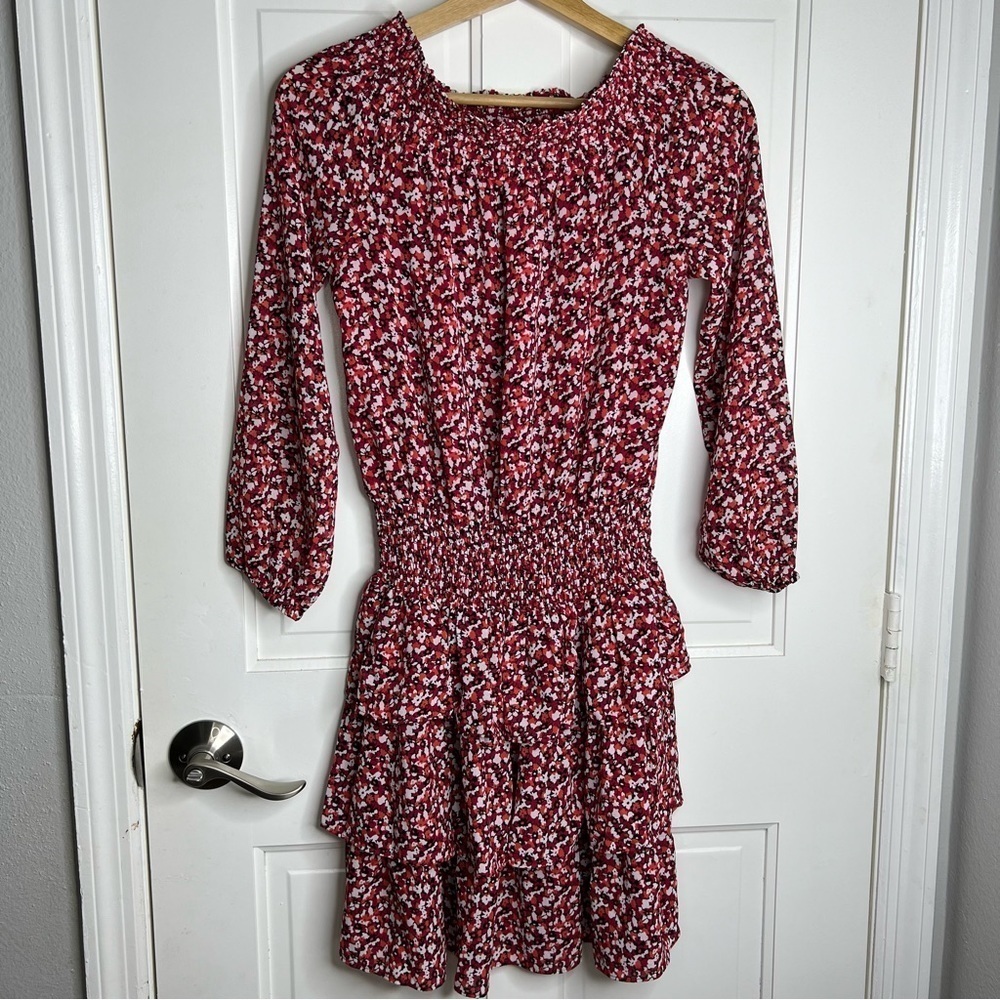Michael Kors Sunari Printed Off Shoulder Ruffle Long Sleeve Dress Xs